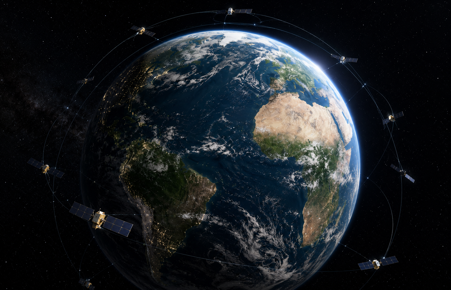 Planeta Terra visto do espaço com satélites em órbita